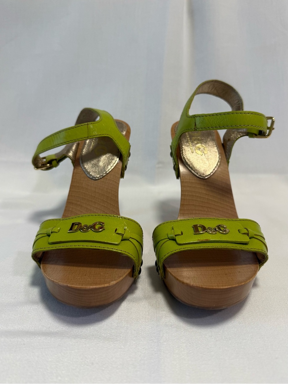 D&G Lime Green Leather Platform Sandals with Wood-Look Sole
